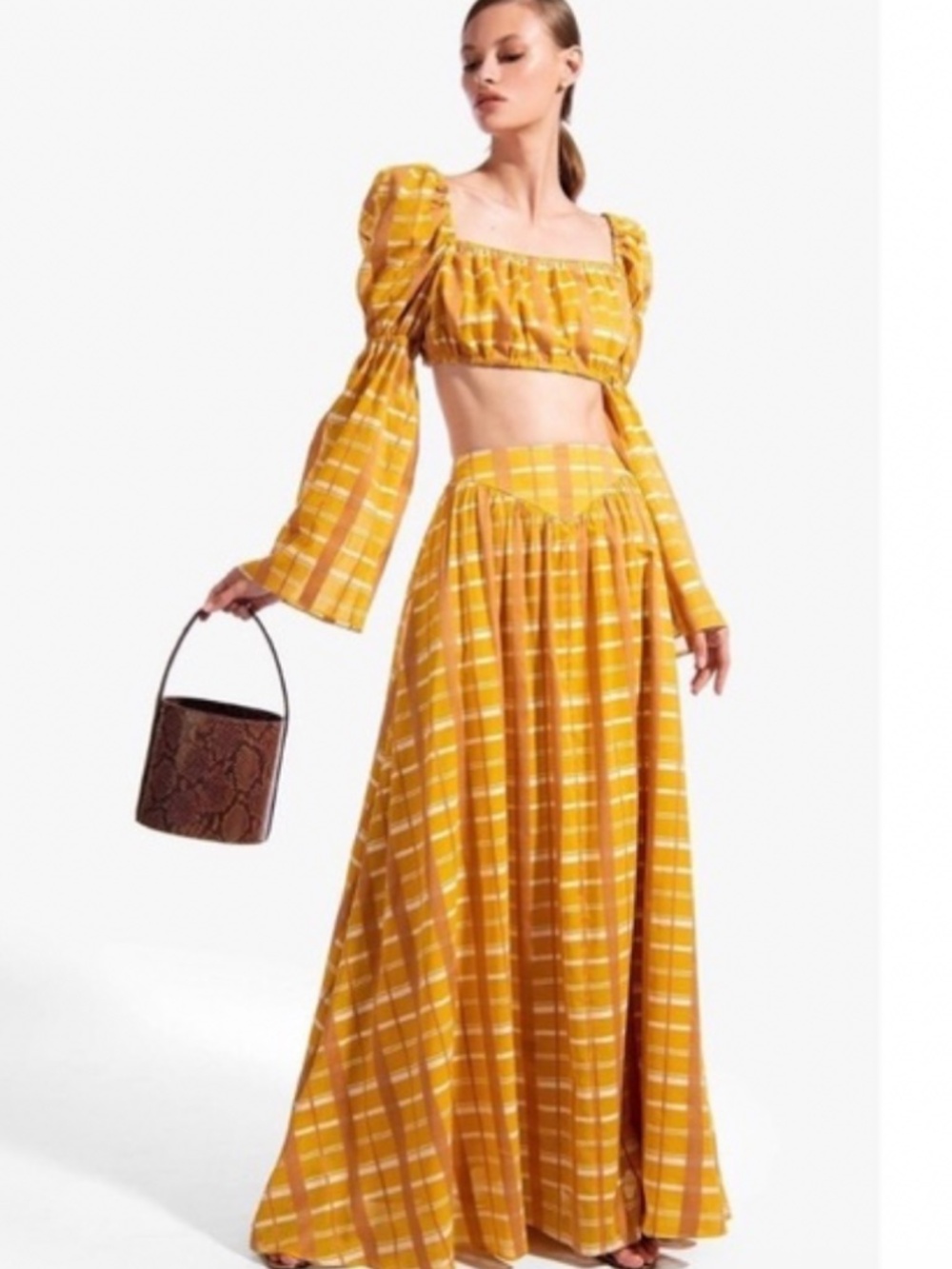 Staud long sleeve plaid crop top